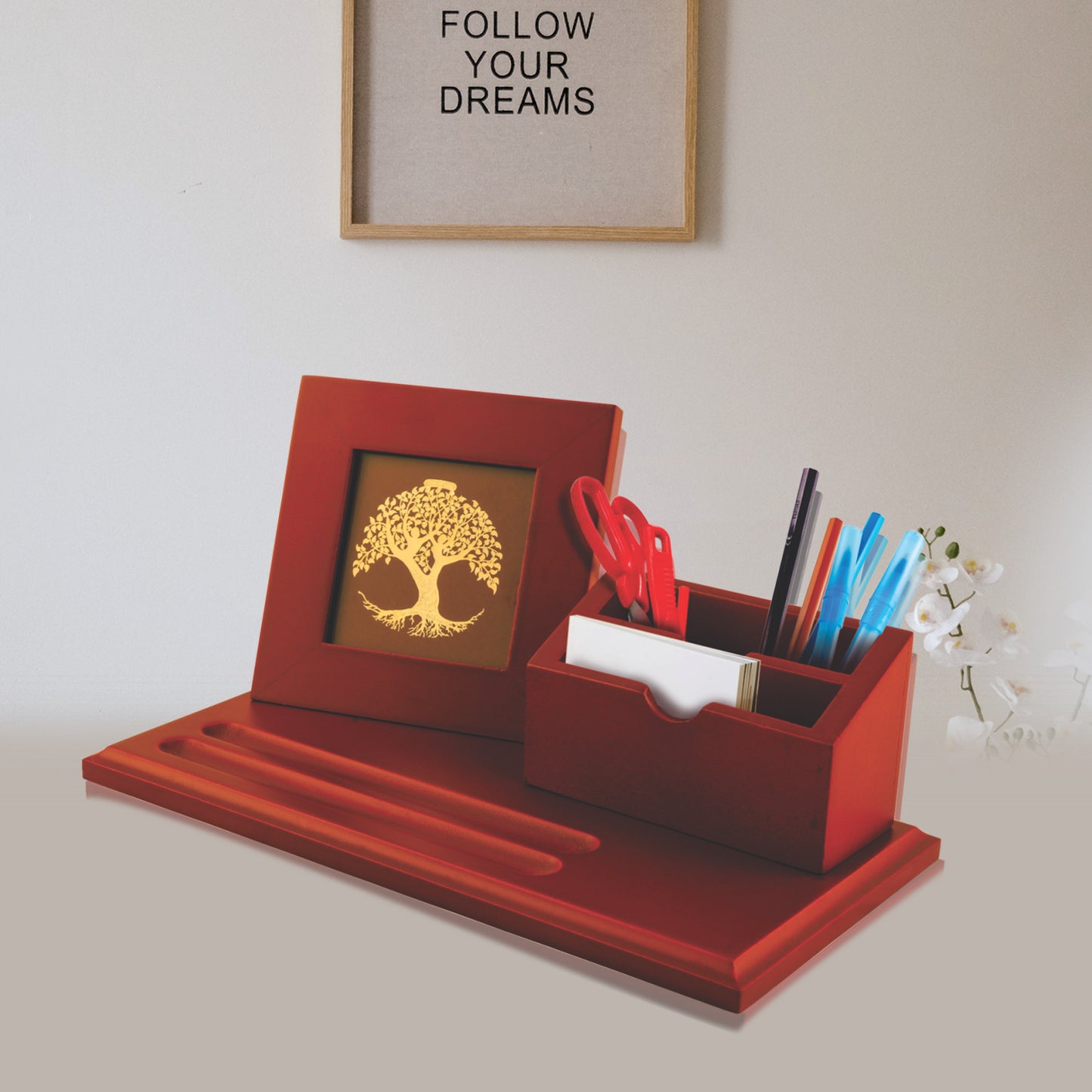 Customized MDF Pen Holder with 24K Gold Plated Tree of Life Frame For Corporate Gifting (12 x 26 CM)