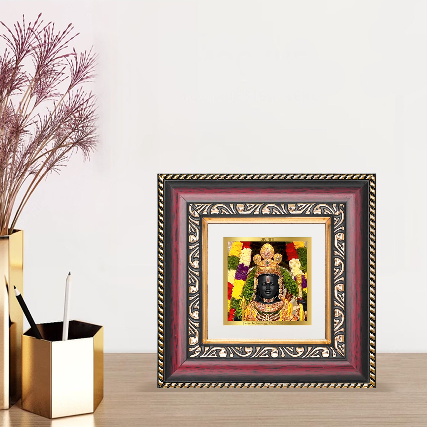 DIVINITI 24K Gold Plated Lord Ram Lalla Wooden Religious Photo Frame Idol for Puja Room, Wall Hanging, Table Top, Home Decor, Gifts | DG105S1A (10x10 CM)