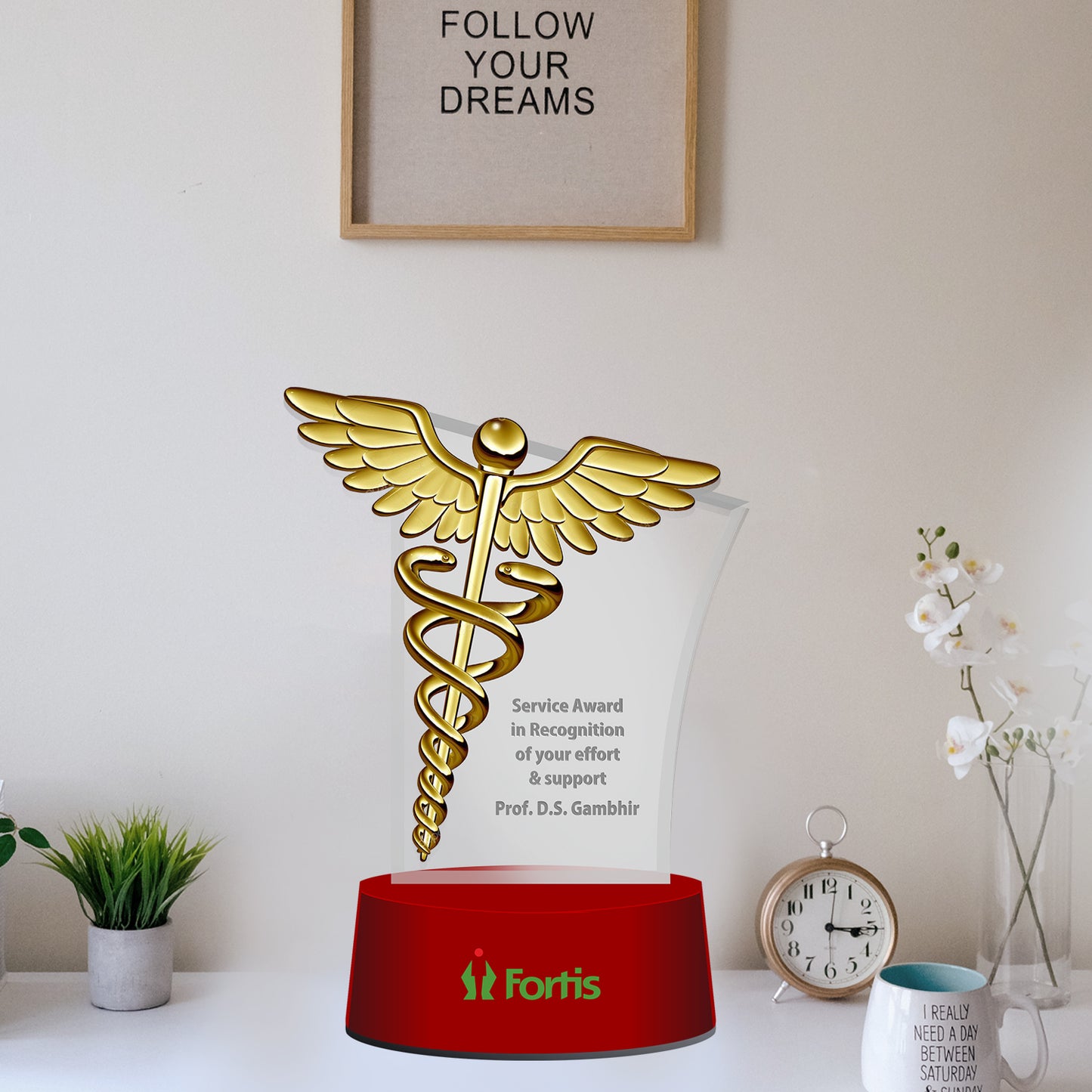 Customized MDF Base Acrylic Trophy with Matter Printed & 24K Gold Plated Logo For Corporate Gifting