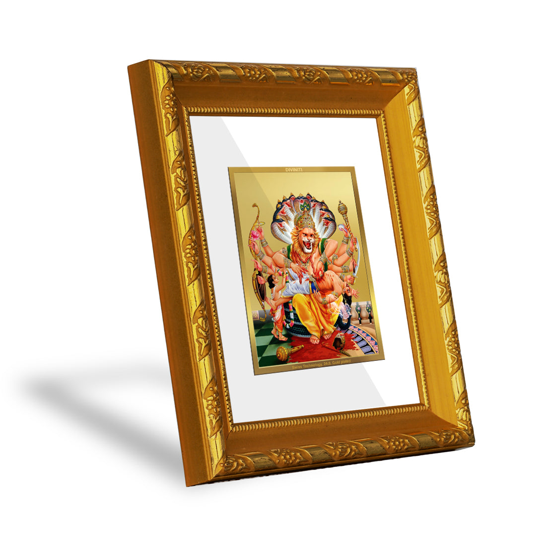 DIVINITI 24K Gold Plated Foil Narsimha Wall Photo Frame for Home Decor, TableTop, Puja DG 103 Size 1 (15.3x14.9 CM)