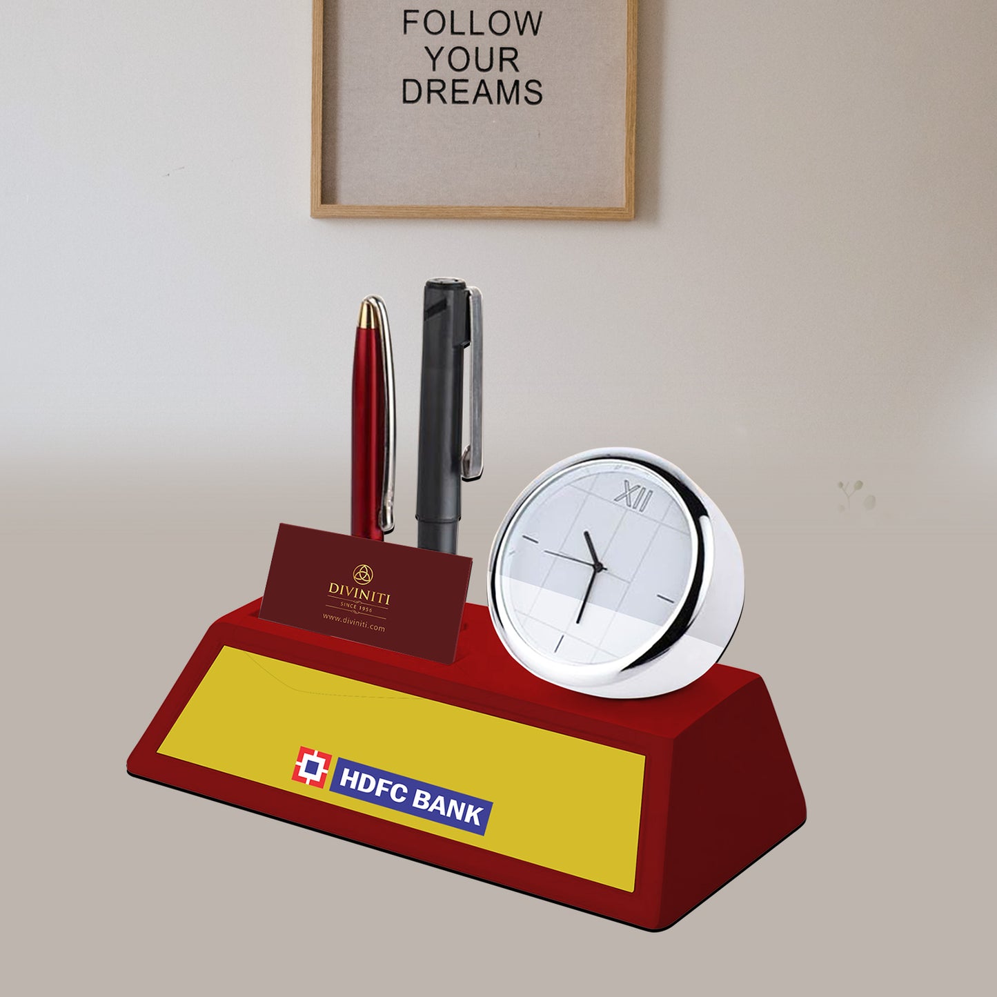 Customized MDF Pen Holder with Round Watch For Corporate Gifting