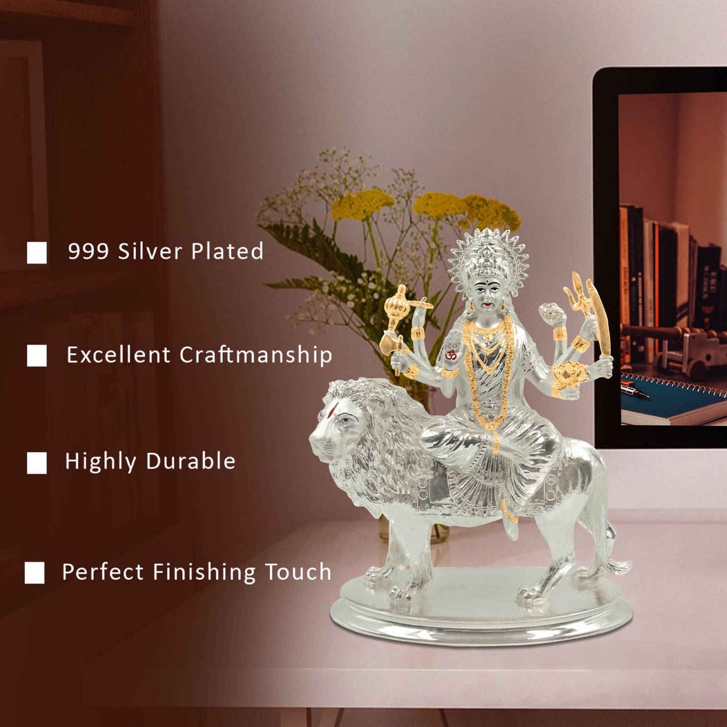 DIVINITI Elegant 999 Silver Plated Goddess Durga Idol Statue For Spiritual, Inspire Strength Idol For Home and Office Decor, Tabletop, Workshop, Mandir (25x21 CM)