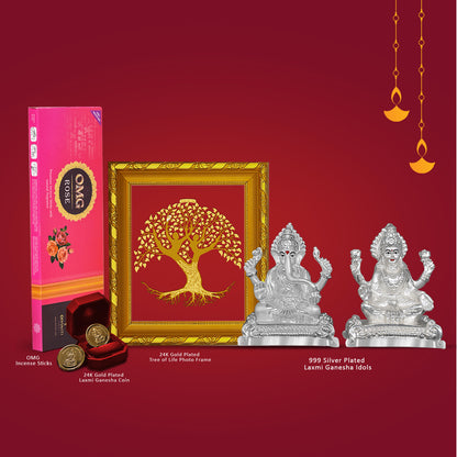 Diviniti Diwali Combo Pack of 24K Gold Plated Life of Tree Photo Frame and 999 Silver Plated Laxmi Ganesha Idol With 24K Gold Plated Laxmi Ganesha Coins & OMG Rose Incense Sticks For Deepawali Pooja