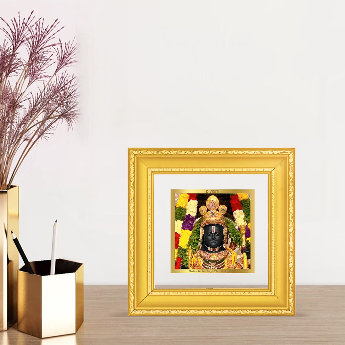 DIVINITI 24K Gold Plated Lord Ram Lalla Wooden Exquisite Wall Photo Frame Idol for Home Decor, Puja Room, Table Top, Gifts | DG101S1A (10x10 CM)