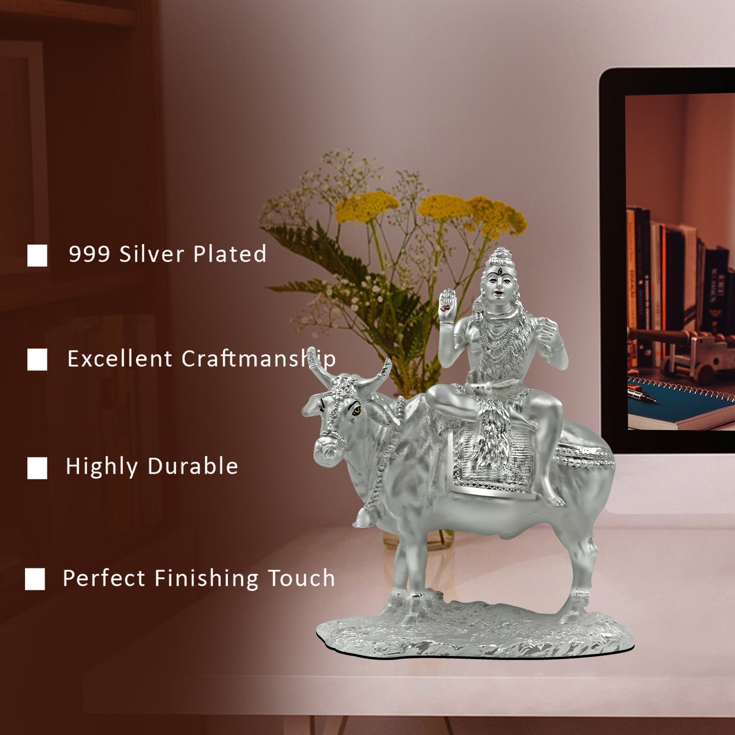 DIVINITI 999 Silver Plated Lord Shiva With Nandi Statue Idol For Home Decor, Office Desk, Workshop, Showpiece, Luxury Gift (22.5x19 CM)