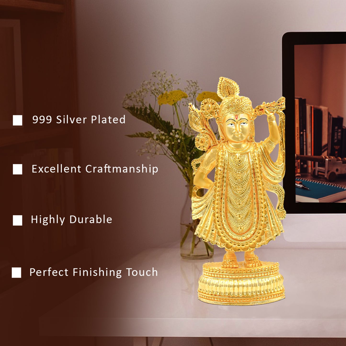 DIVINITI 24K Gold Plated Shrinath Ji Statue For Divine Love and Grace, Positive Energy, Idol For Home, Office, Worship, Luxury Gift (25x11.5 CM)