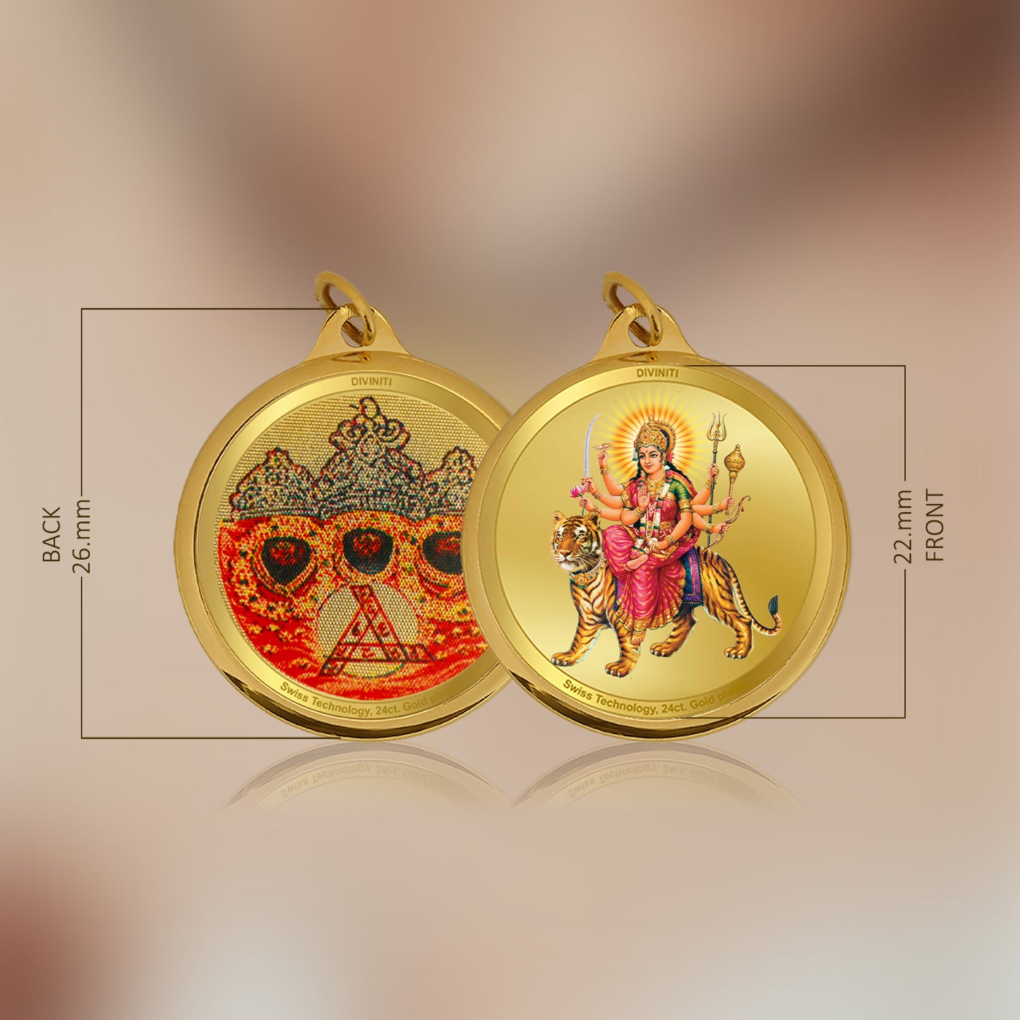 Diviniti 24K Gold Plated Durga Ji & Mata Ka Darbar 22MM Double Sided Pendant For Men, Women & Kids