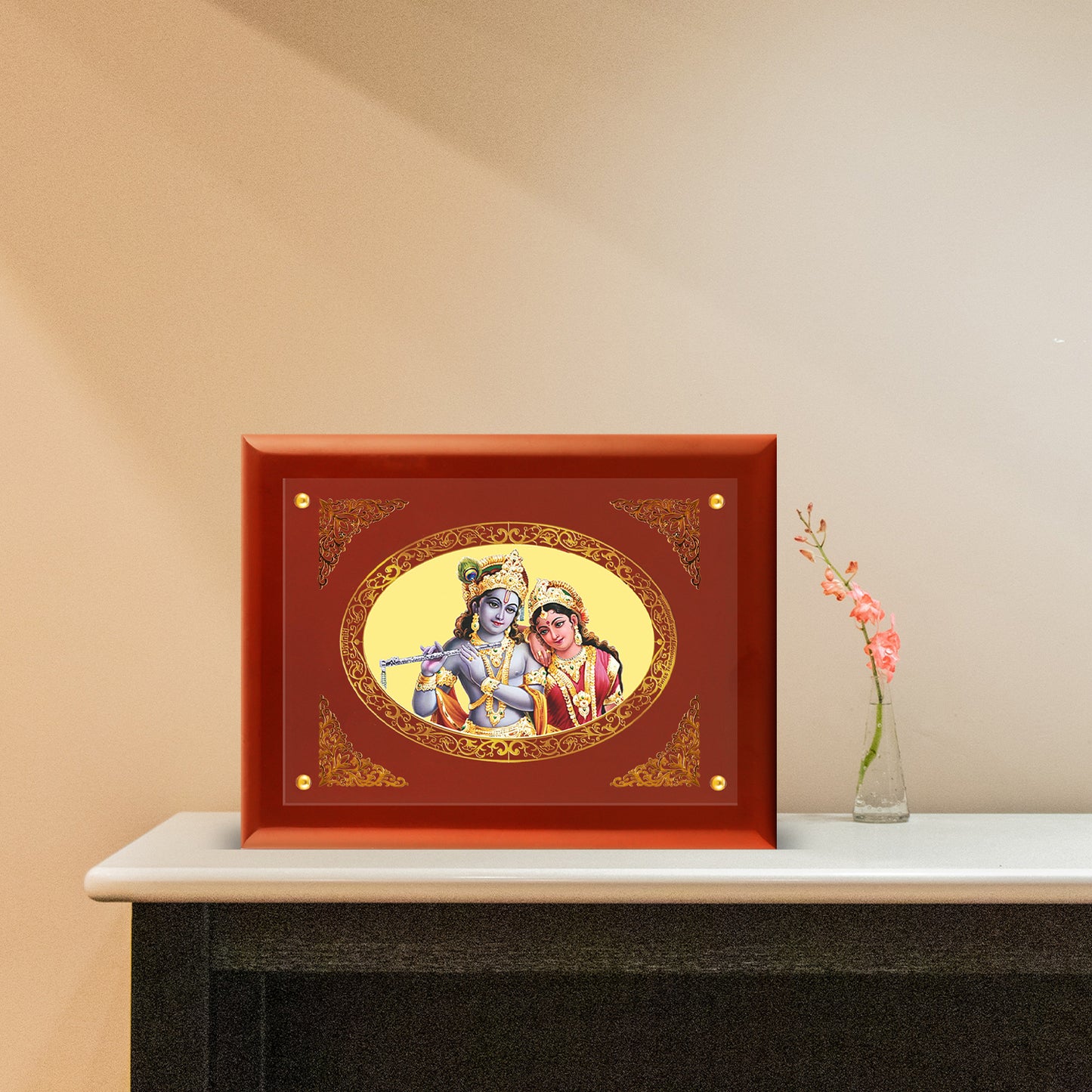 Diviniti 24K Gold Plated Foil Radha Krishna Wooden Photo Frame for Home Decor, Puja Room, Wall Hanging, Tabletop, Workshop, Gift MDFS3 (30.2x22.7)