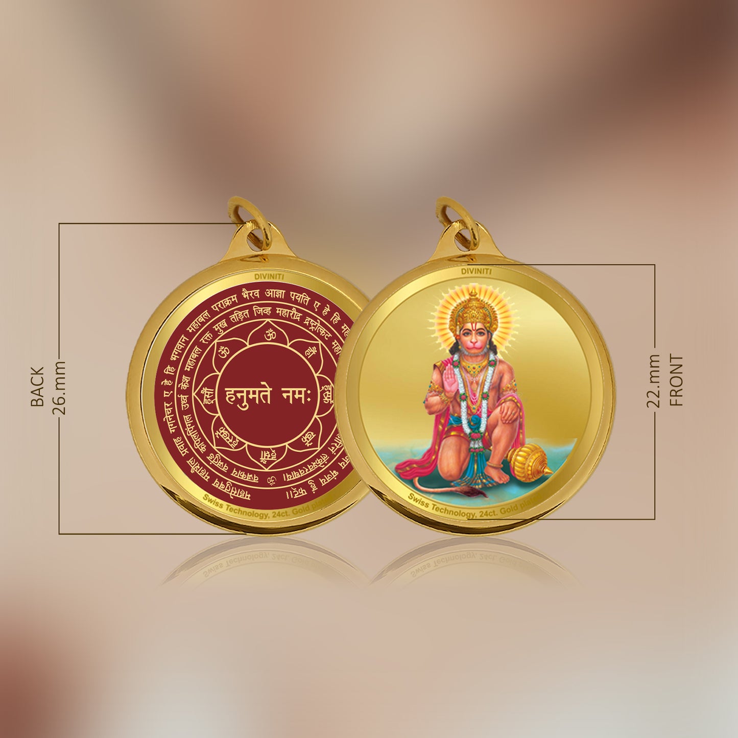 Diviniti 24K Gold Plated Hanuman & Yantra 22MM Double Sided Pendant For Men, Women & Kids