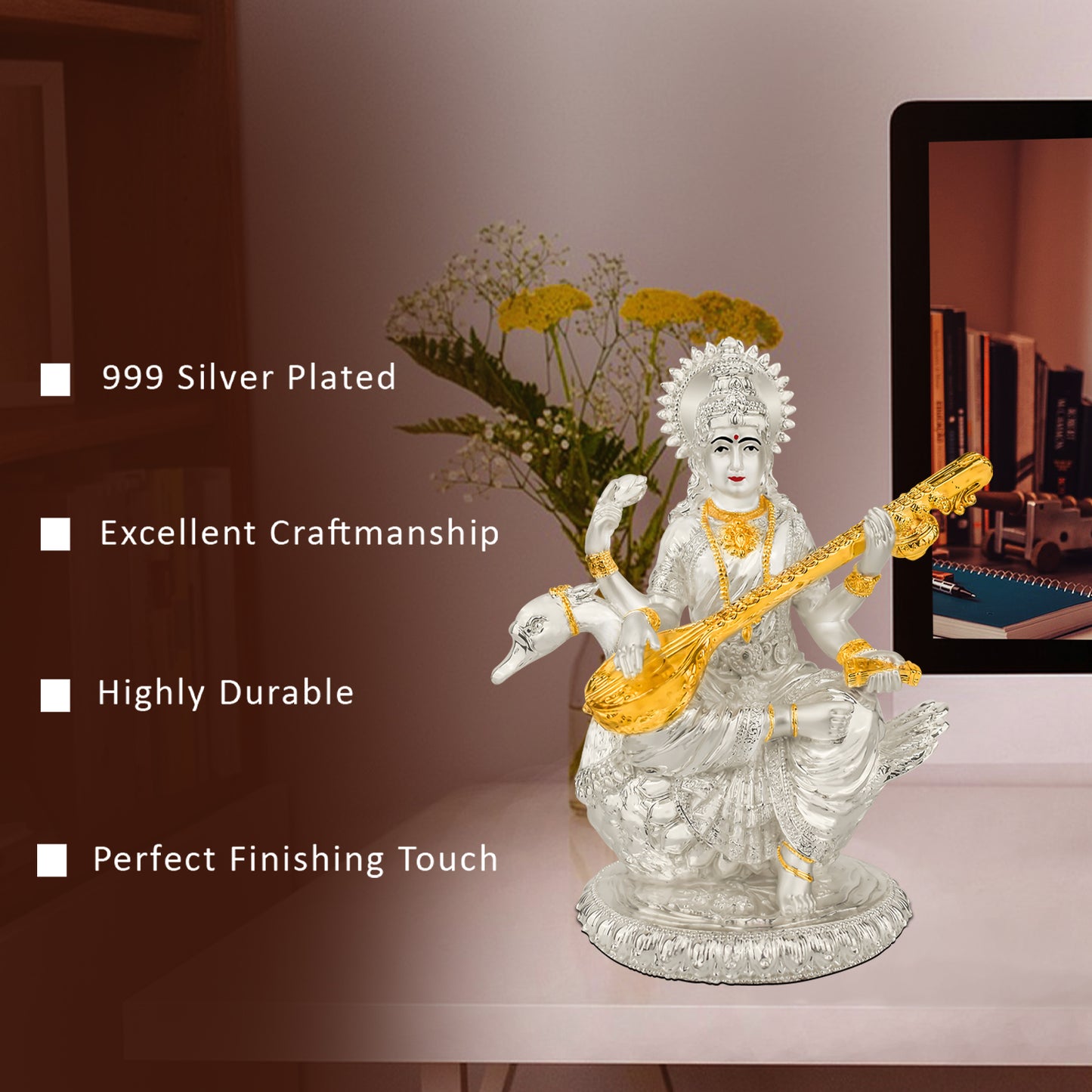 DIVINITI 999 Silver Plated Goddess Saraswati Mata Idol Statue For Home Decor, Office Table Top, Pooja Room & Gift (18X21CM)