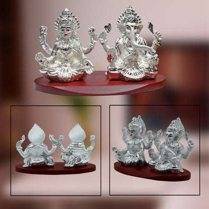 DIVINITI 999 Silver Plated Goddess Lakshmi and Lord Ganesha Statue Idol For Home & Office Decor, Car Dashboard, Puja Room, Gift (8x11.5 CM)