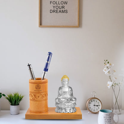 Customized Wooden Table Top With 999 Silver Plated Buddha Idol For Corporate Gifting