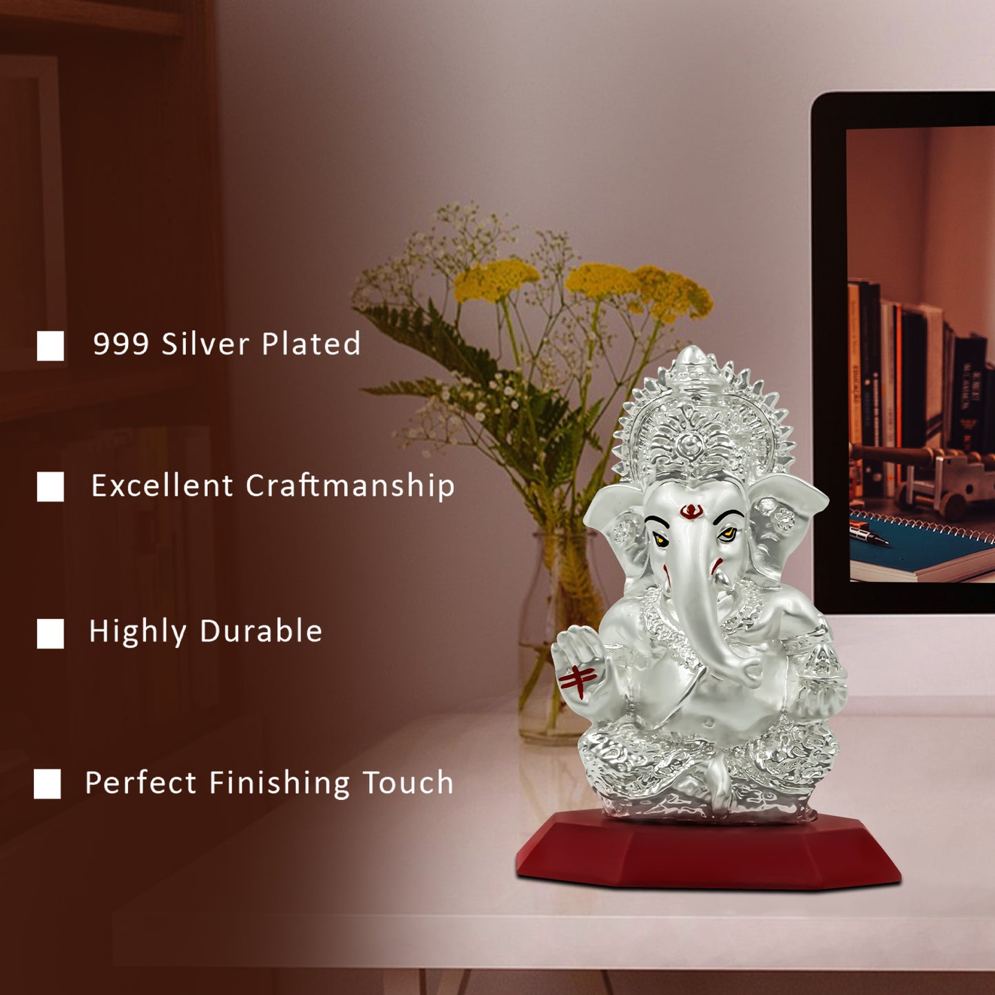 Diviniti 999 Silver Plated Lord Ganesha Statue Idol For Workshop, Office Desk, Home Decor Showpiece, Luxury Gift(10x7 CM)