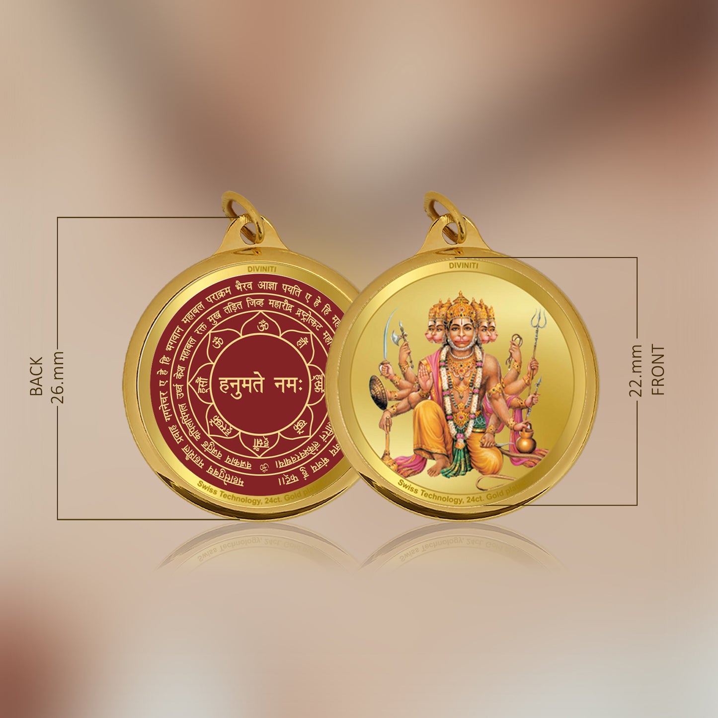 Diviniti 24K Gold Plated Lord Panchmukhi Hanuman & Yantra 22MM Double Sided Pendant For Men, Women & Kids