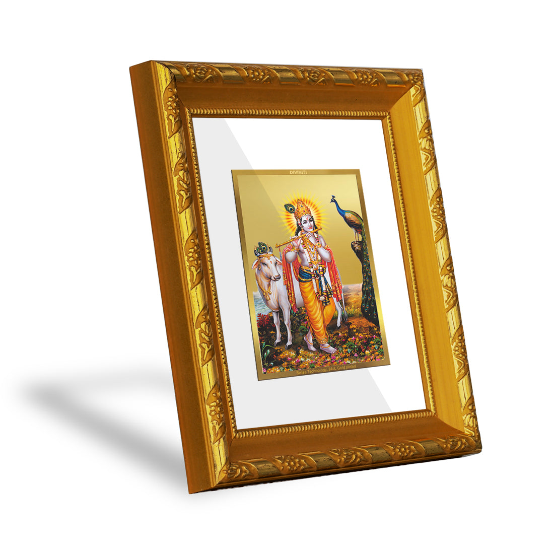 DIVINITI 24K Gold Plated Foil Lord Krishna Wall Photo Frame for Home Decor, Festival Gift DG 103 Size 1 (15.3x14.9 CM)