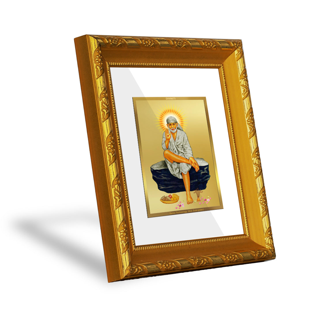 DIVINITI 24K Gold Plated Sai Baba Photo Frame For Home Wall Decor, TableTop, Prayer Room (15.0 X 13.0 CM)