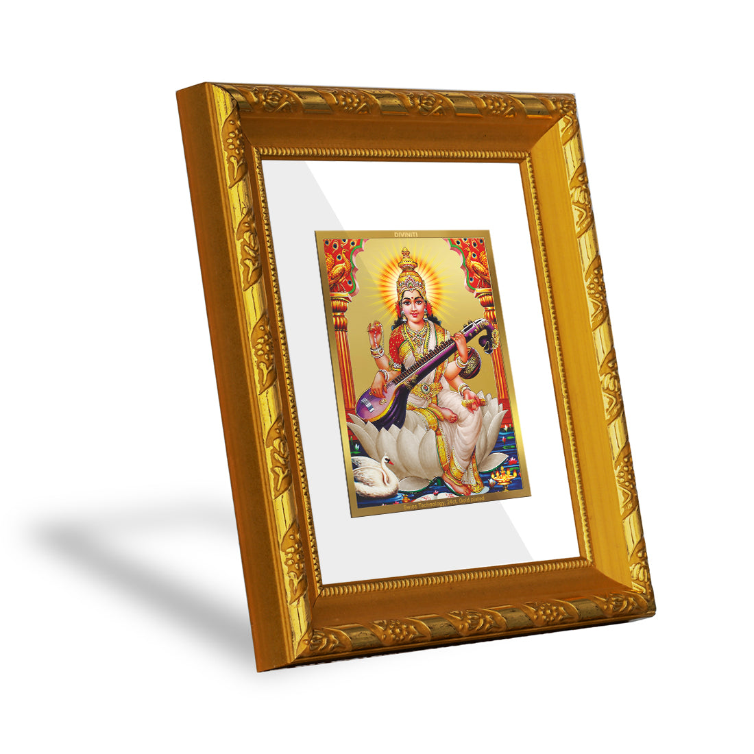 DIVINITI 24K Gold Plated Foil Saraswati Mata Wall Photo Frame for Home Decor, Office, Gift DG 103 Size 1 (15.3x14.9 CM)