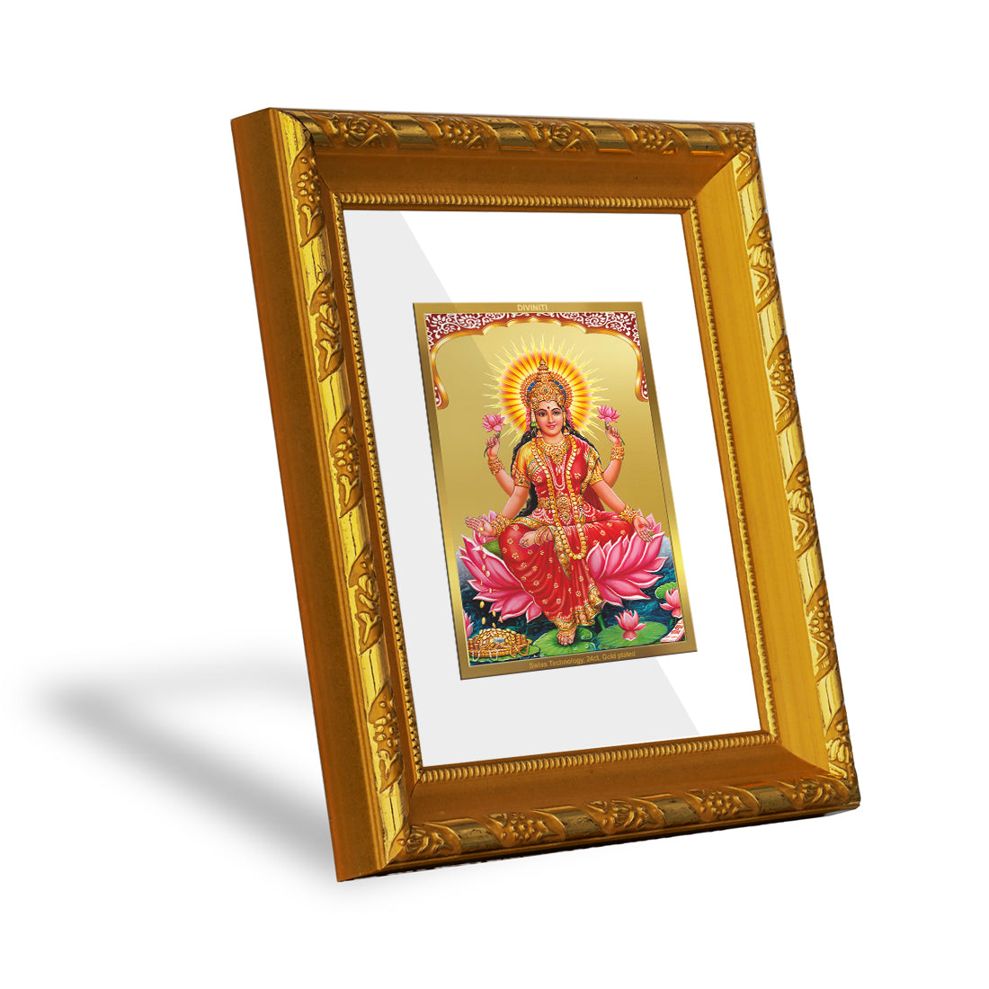 DIVINITI 24K Gold Plated Foil Lakshmi Mata Photo Frame for Home Decor, Worship, Wealth DG 103 Size 1 (15.3x14.9 CM)