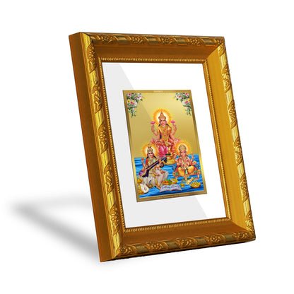 DIVINITI 24K Gold Plated Foil Lakshmi Ganesha Saraswati Photo Frame for Home Wall Decor, Puja DG 103 Size 1 (15.3x14.9 CM)