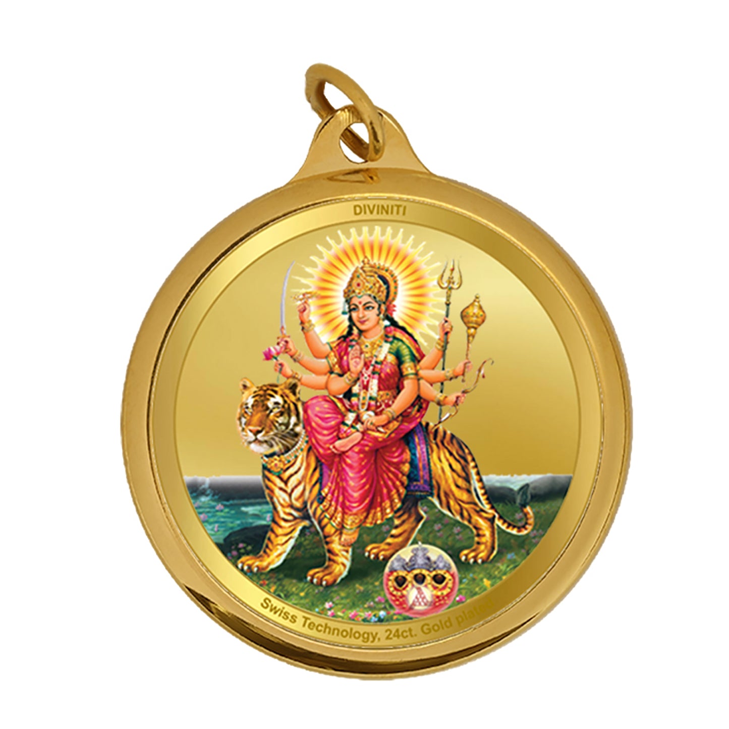 DIVINITI 24K Gold Plated Durga & Mata Ka Darbar 18MM Double Sided Pendant For Men, Women & Kids