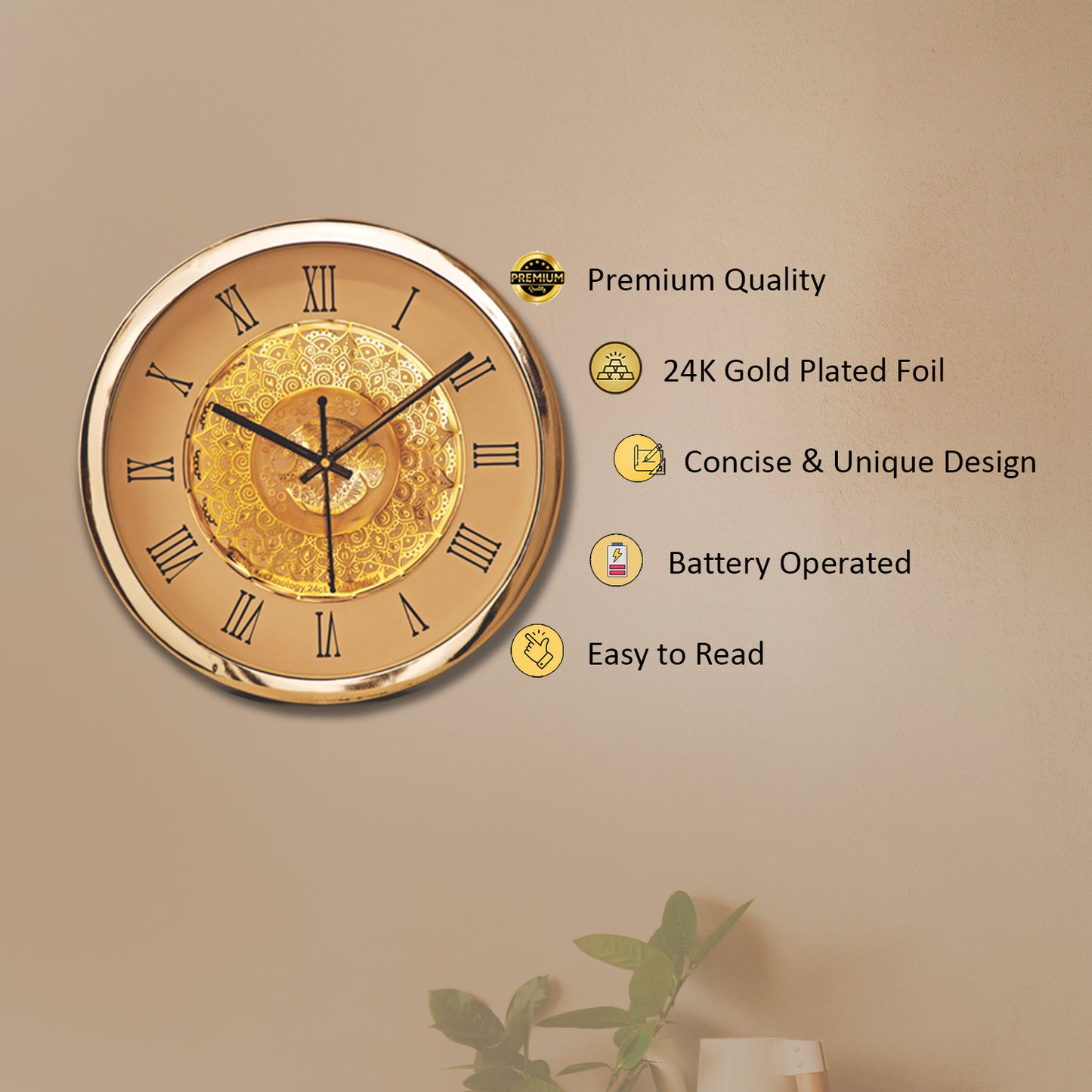 Diviniti 24K Gold Plated Round Analog Wall Clock For Wedding Gift (10 inch x 10 inch)