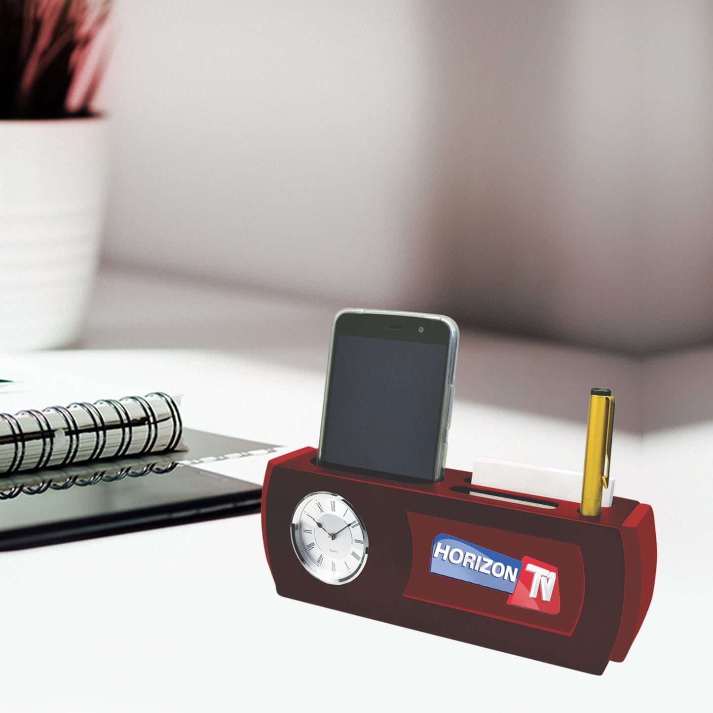 Customized MDF Pen Holder with Round Watch For Corporate Gifting