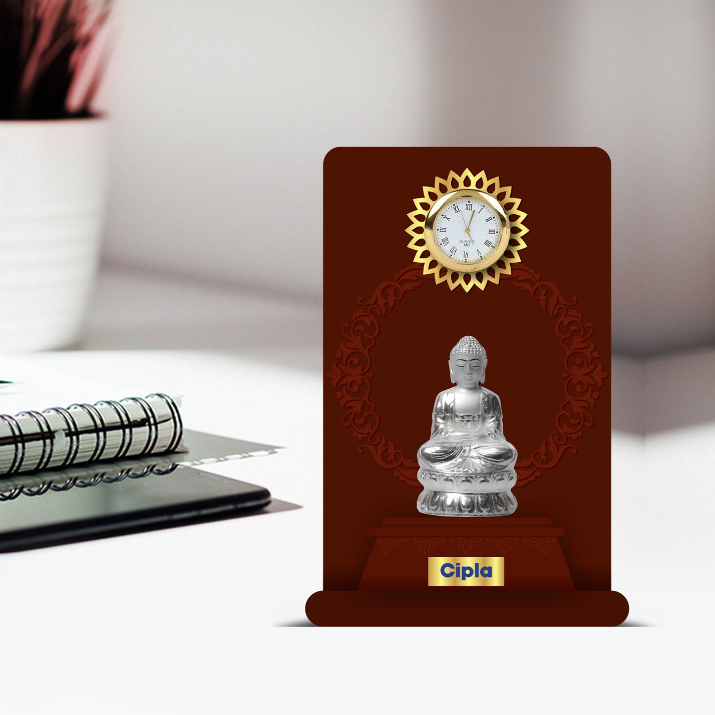 Customized MDF Memento With 999 Silver Plated Idol & Round Watch For Corporate Gifting