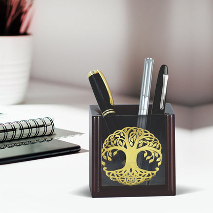 Customized MDF Pen Holder with 24K Gold Plated Designer Tree Frame For Corporate Gifting (8.2x8.2x9.5 cm)