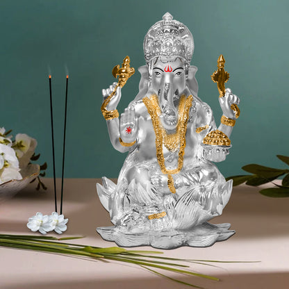 DIVINITI 999 Silver Plated Lord Ganesha Idol | Exquisite Divine Statue for Home Decor, Office, Pooja Room & Gift (18x11.5 CM)