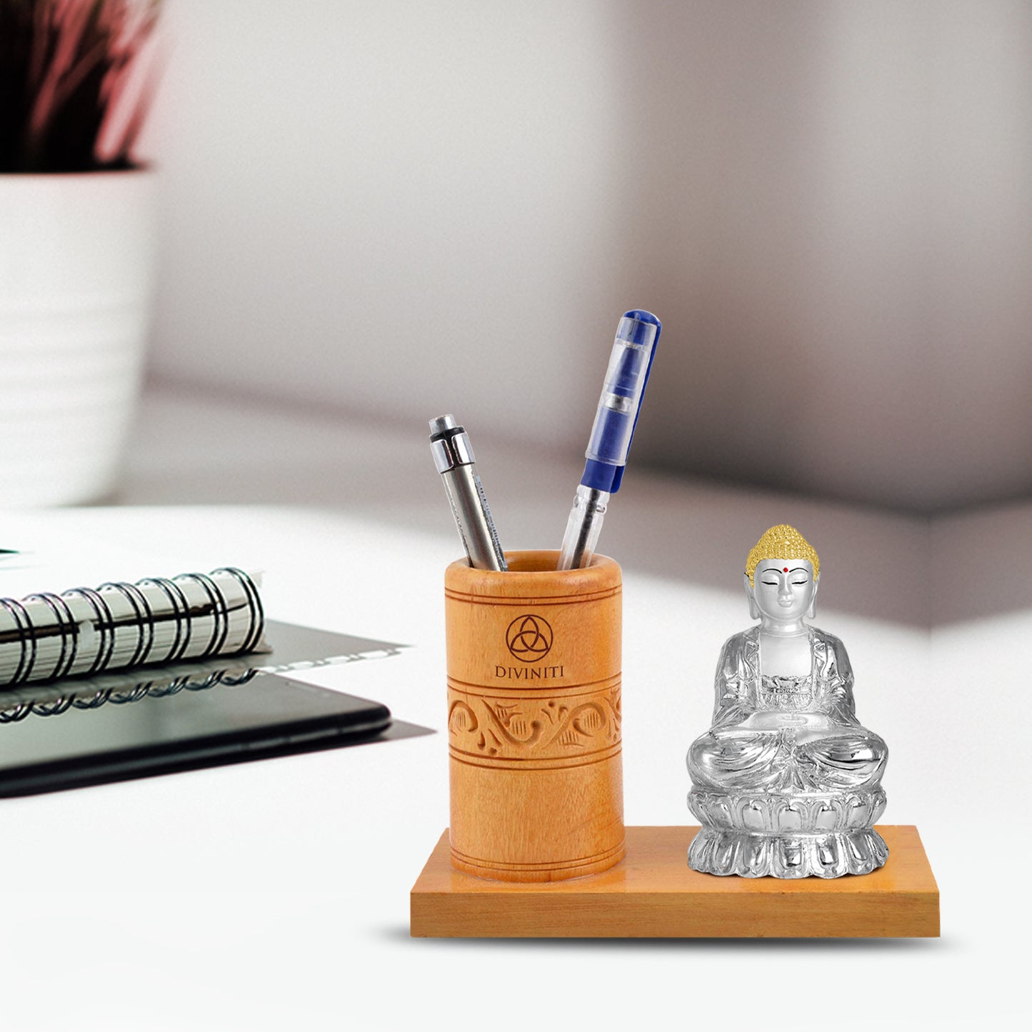 Customized Wooden Table Top With 999 Silver Plated Buddha Idol For Corporate Gifting