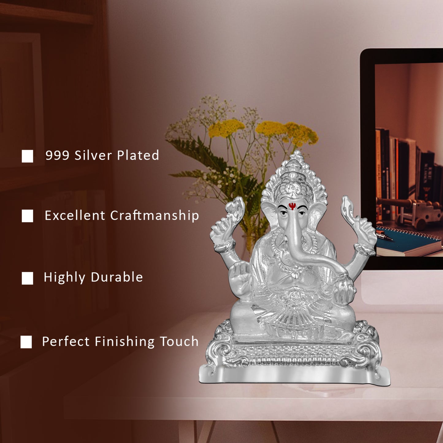 DIVINITI 999 Silver Plated Lord Ganesha Statue For Love, Joy, Prosperity, Idol For Home Decor, Office, Workshop, Luxury Gift (11.5x8.5 CM)