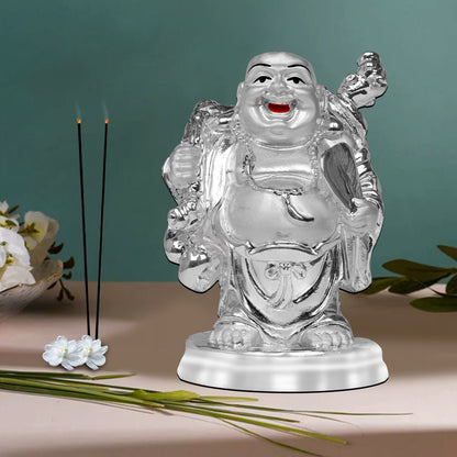 DIVINITI 999 Silver Plated Laughing Buddha Statue For Home Decor, Office Desk, Table Top & Gift (10x7 CM)