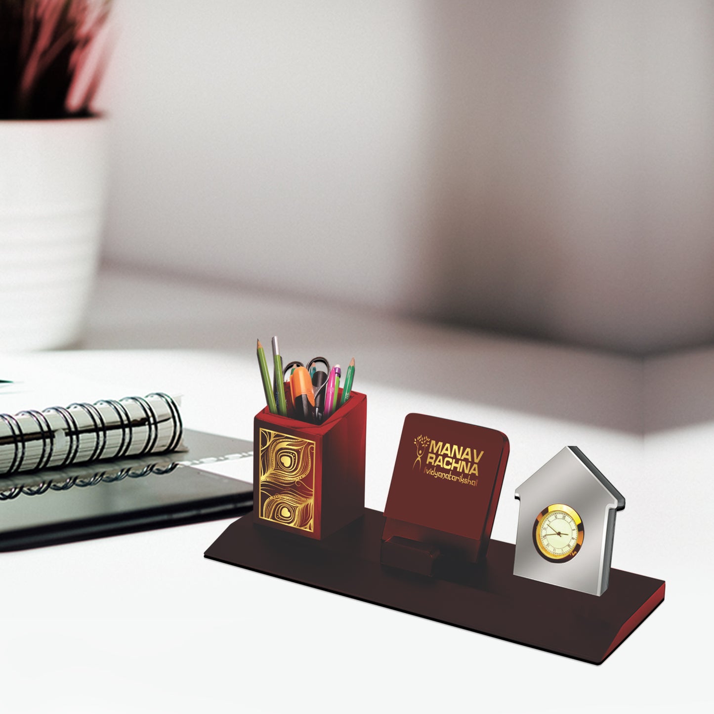 MDF Pen Holder with 24K Gold Plated Feather & Round Watch For Corporate Gifting