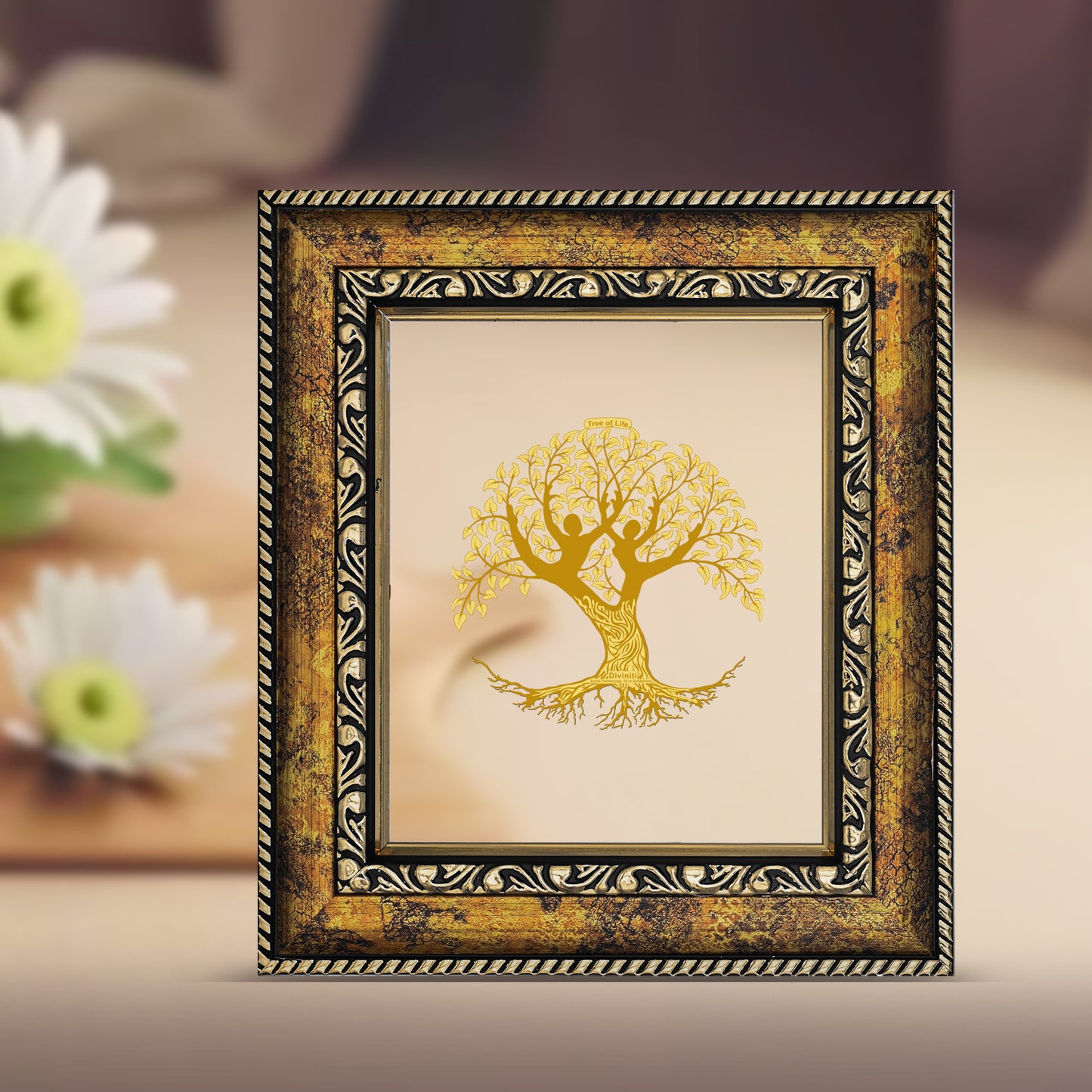 DIVINITI 24K Gold Plated Tree Of Life Wooden Traditional Photo Frame Idol for Home Decor, Table Top, Wall Hanging, Workshop, Premium Gift | DG113 Size 2 (22.6x18.4 CM)