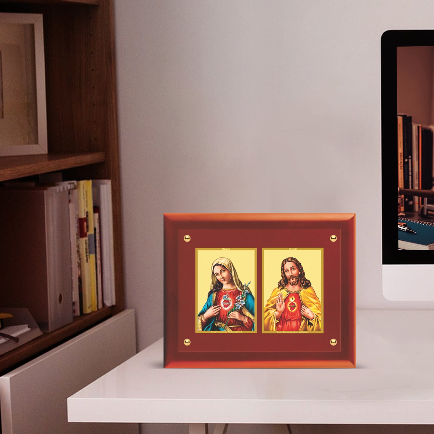 Diviniti 24K Gold Plated Foil Jesus & Mother Mary Wooden Photo Frame for Home Decor, Puja Room, Wall Hanging, Tabletop, Workshop, Gift MDFS3 (30.2x22.7)