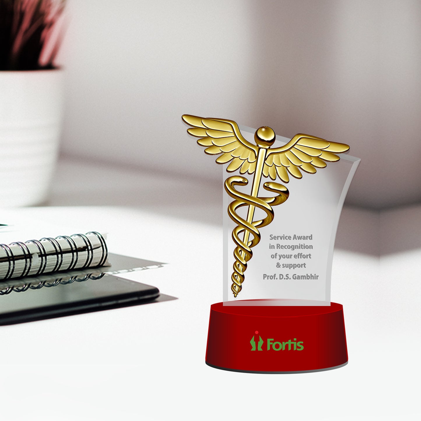 Customized MDF Base Acrylic Trophy with Matter Printed & 24K Gold Plated Logo For Corporate Gifting