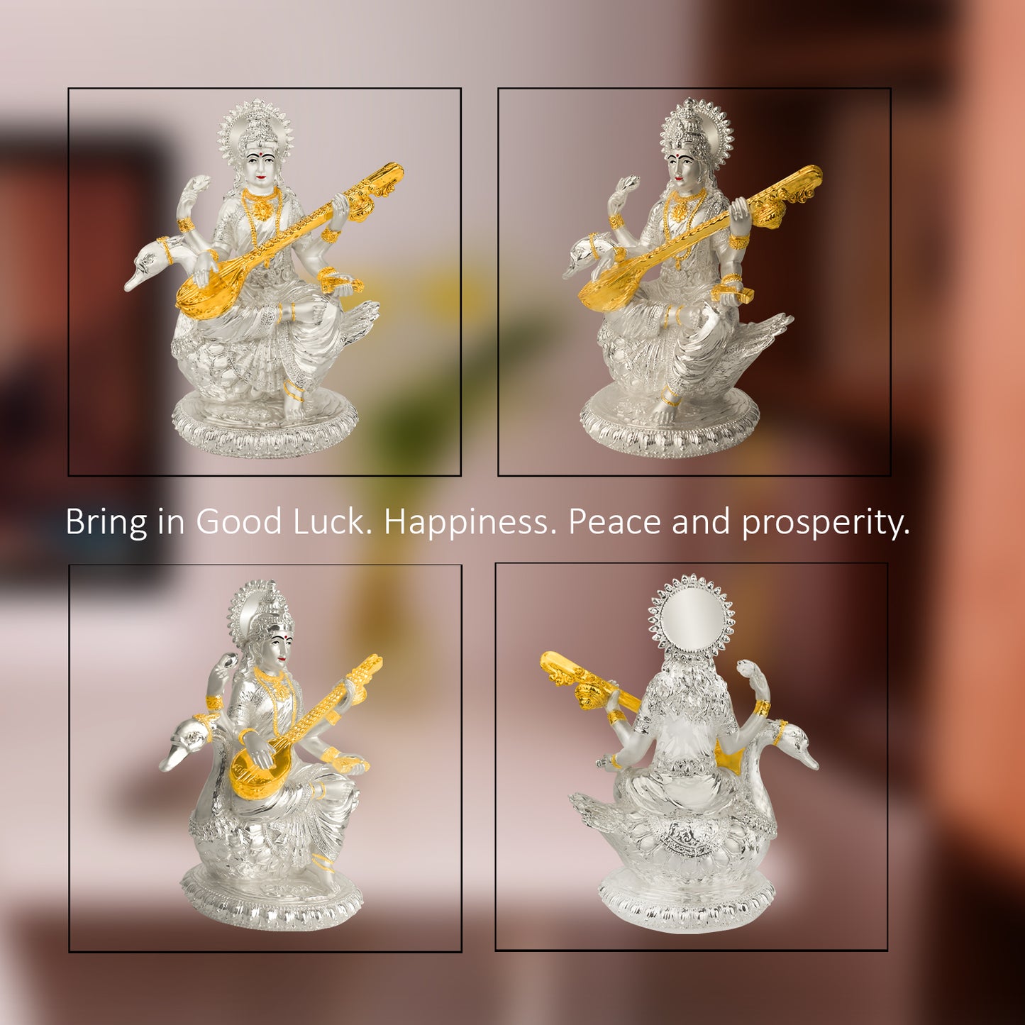 DIVINITI 999 Silver Plated Goddess Saraswati Mata Idol Statue For Home Decor, Office Table Top, Pooja Room & Gift (18X21CM)