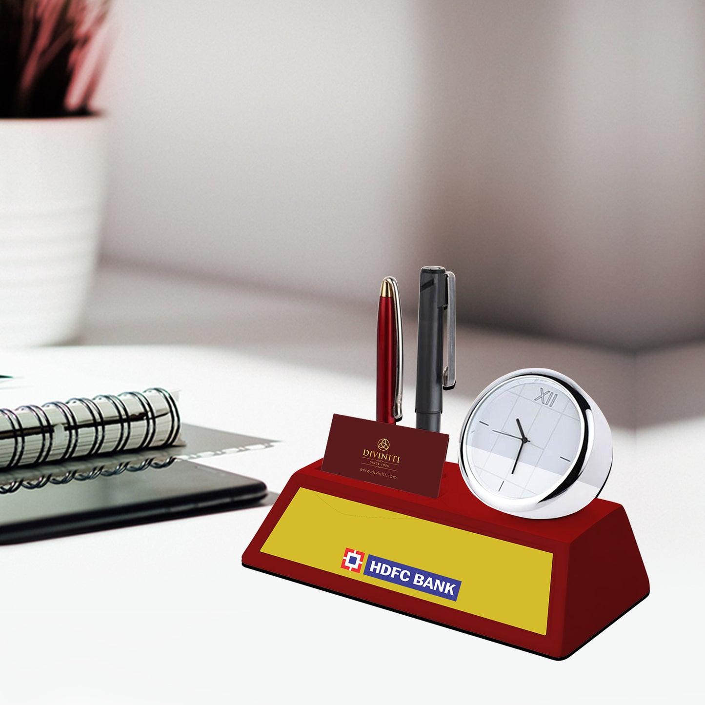 Customized MDF Pen Holder with Round Watch For Corporate Gifting