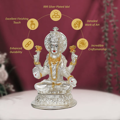 DIVINITI 999 Silver Plated Goddess Lakshmi Idol For Home Decor, Table Decor, Puja Room, Luxury Gift (10.5x5.5 CM)