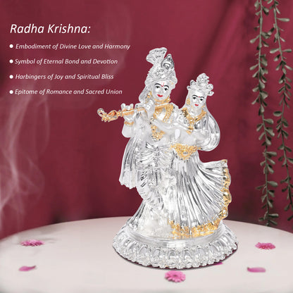 DIVINITI 999 Silver Plated Radha Krishna Beautiful Idol Exquisite Spiritual Symbol of Love Gift for Home & Office Décor (11.5x8 CM)