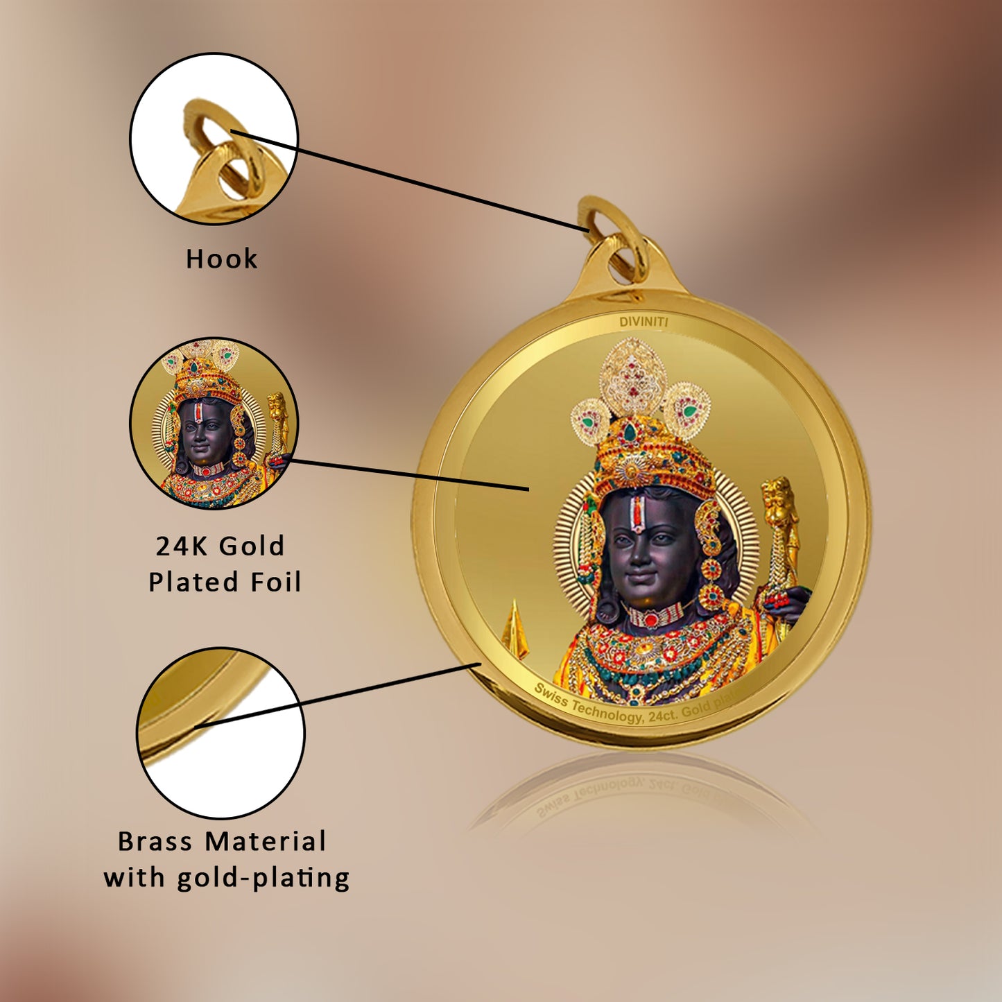 Diviniti 24K Gold Plated Ram Lalla & Jai Shri Ram 22MM Double Sided Pendant For Men, Women & Kids