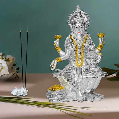 DIVINITI 999 Silver Plated Goddess Lakshmi Mata Idol Statue For Home Decor Showpiece, Table Top, Workshop, Office Desk (17x12 CM)