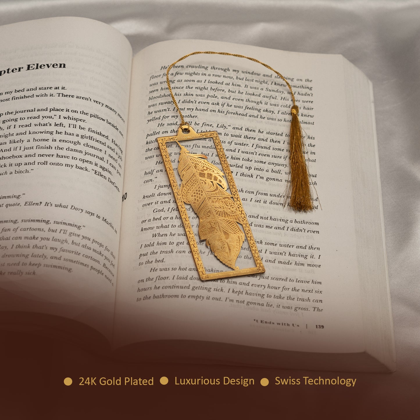 Diviniti 24K Gold Plated Bookmark with String | Design - Feather | Size -10cm x 4cm|Luxury Gifting