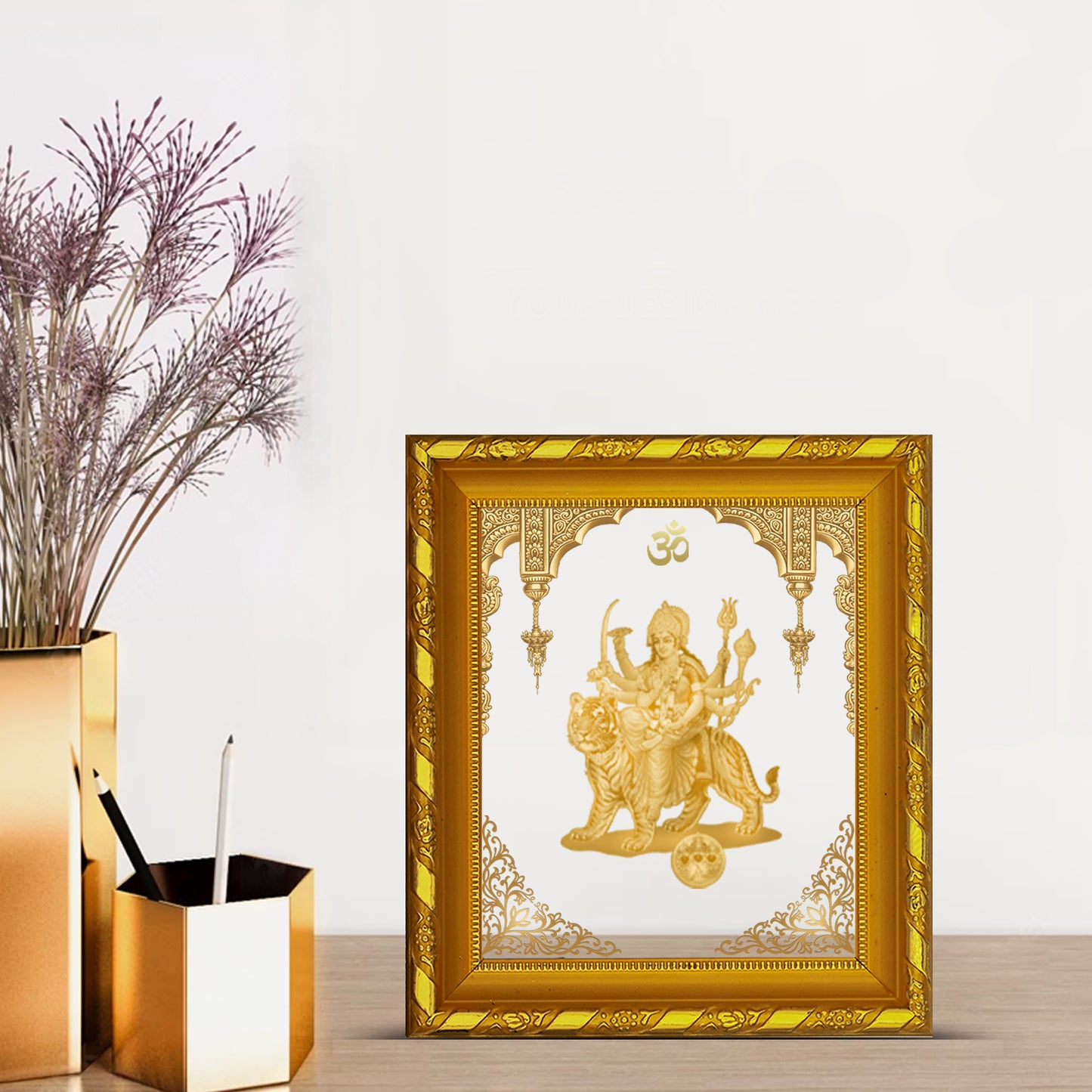 DIVINITI 24K Gold Plated Foil Durga Mata Photo Frame for Home & Office Decor, Table DG 103 Size 1 (15.3x14.9 CM)