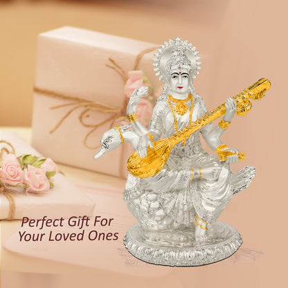 DIVINITI 999 Silver Plated Goddess Saraswati Mata Idol Statue For Home Decor, Office Table Top, Pooja Room & Gift (18X21CM)