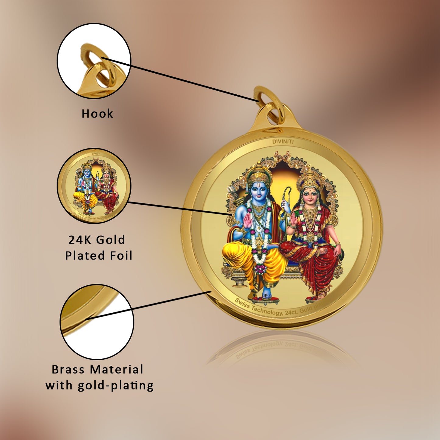 Diviniti 24K Gold Plated Ram Sita & Hanuman 22MM Double Sided Pendant For Men, Women & Kids