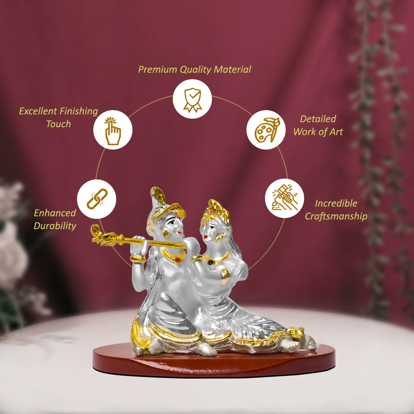 DIVINITI 999 Silver Plated Radha Krishna Ji Idol Statue For Car Dashboard, Home Decoration, Puja Room and Gift (6x8.5 CM)