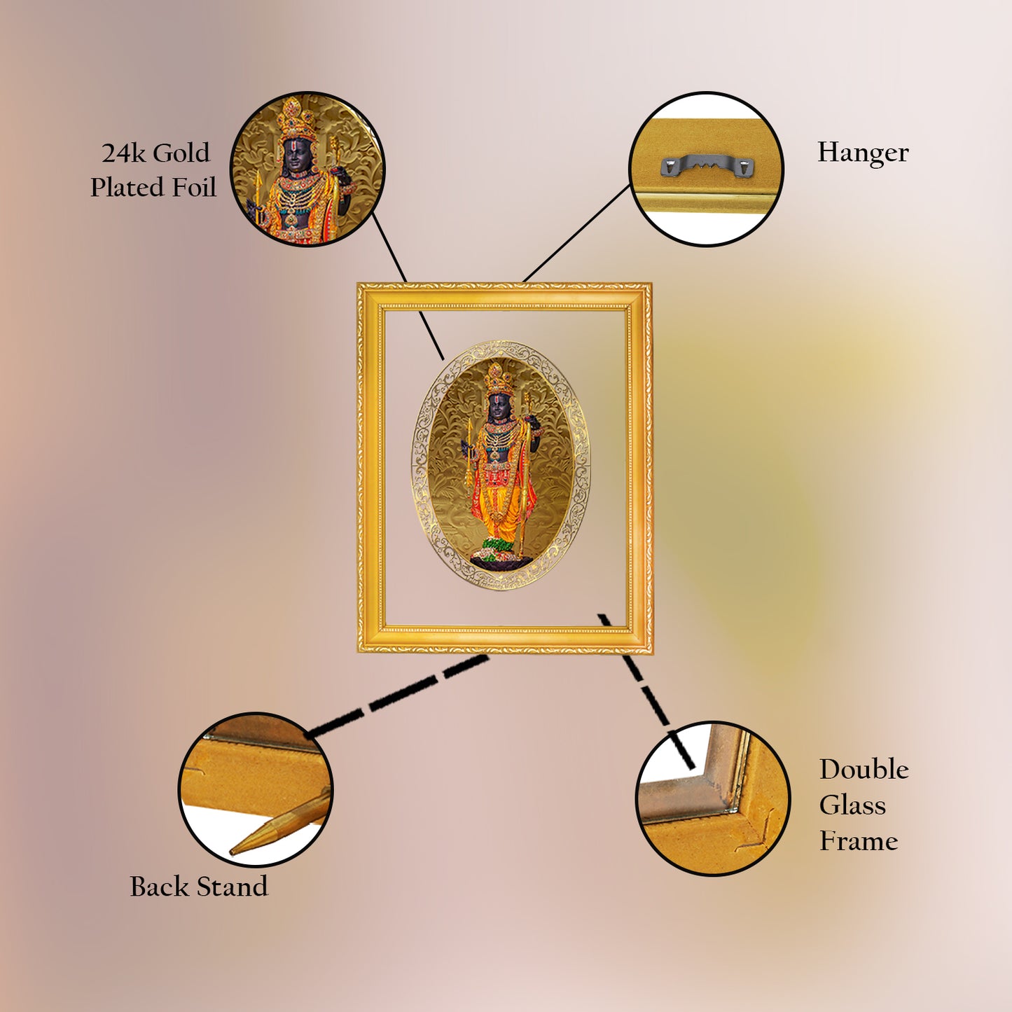 DIVINITI 24K Gold Plated Foil Lord Ram Lalla Classic Photo Frame Idol for Wall Hanging, Home Decor, Puja Room, Workshop, Gift | DG101 Size 2 (22.6x18.4 CM)