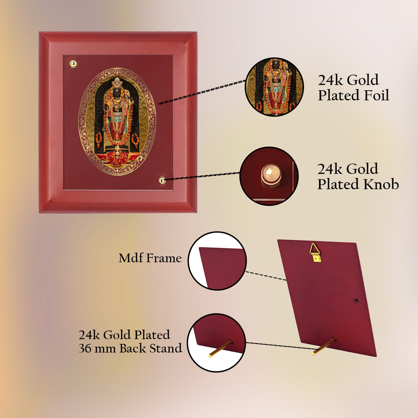 DIVINITI 24K Gold Plated Foil Lord Ram Lalla Luxurious Photo Frame Idol for Wall Hanging, Home Decor, Table Top, Gift|MDF Size 1 (16.7x14.2 CM)