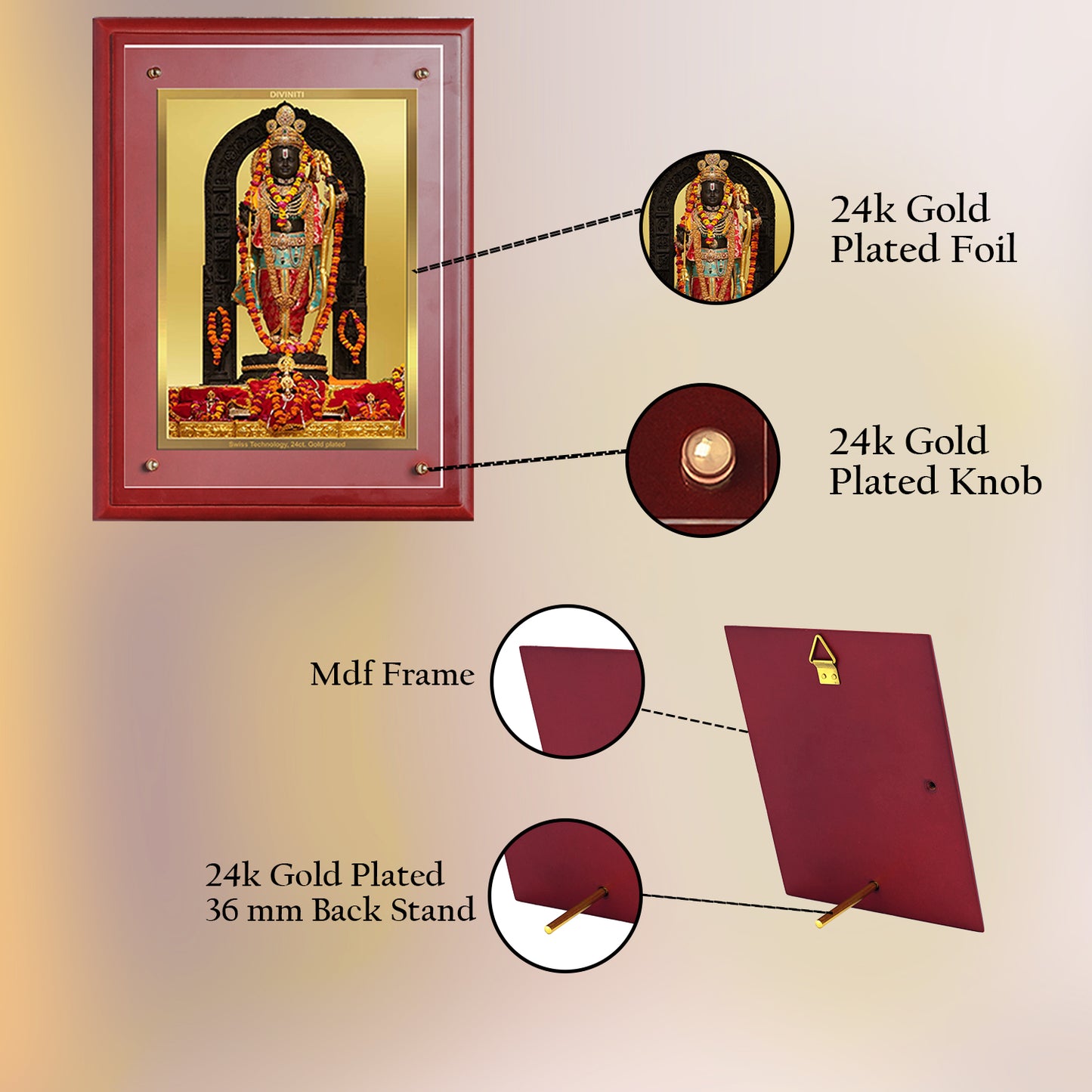 Diviniti 24K Gold Plated Foil Ram Lalla Wooden Photo Frame for Tabletop, Home Decor, Puja Room, Wall Hanging, Workshop, Gift MDFS3 (30.2x22.7)